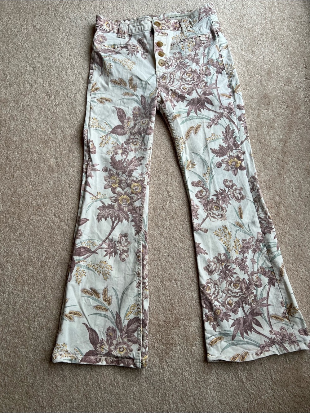 Pilcro and the Letterpress Floral Boot-Cut Pants in Cream, Mauve & Mustard